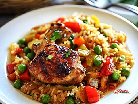 Poulet roti sur un lit de riz et légumes sautés